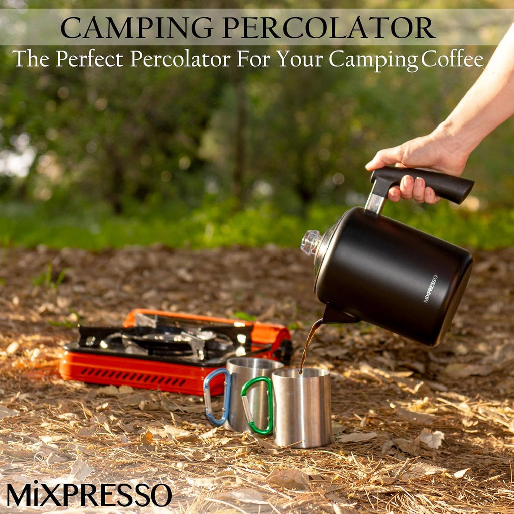 Mixpresso Black Stainless Steel Coffee Percolator Stovetop, 37oz Classic Percolator Coffee Pot, Excellent For Camping Pot, 5-8 Cup Stove Top Coffee Maker, Cool-Touch Handle