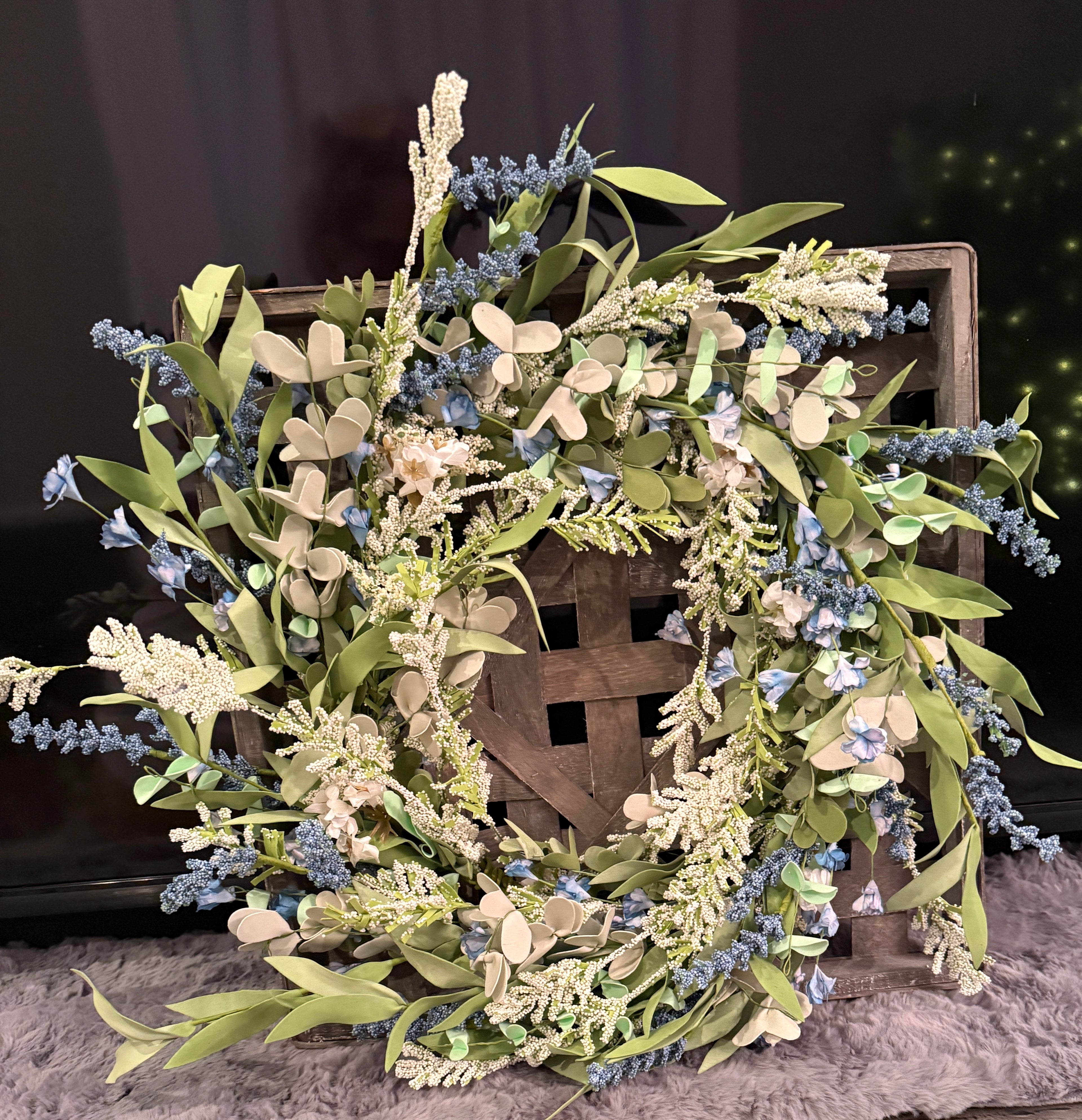 Beautiful Summer wreath on a gray washed woven 18inch frame.