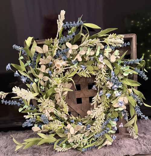 Beautiful Summer wreath on a gray washed woven 18inch frame.