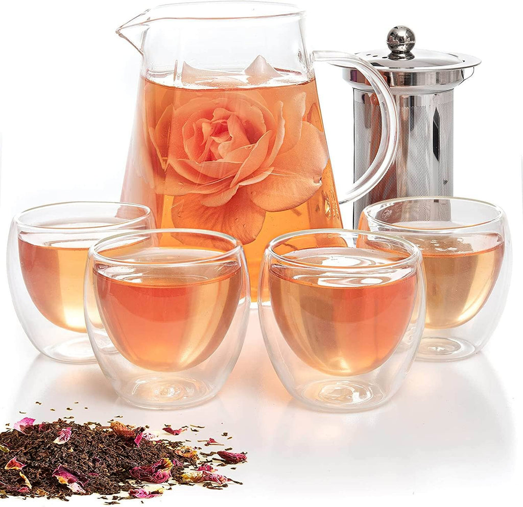 Mixpresso Glass Tea Pot Set, Stovetop Kettle with Removable Infuser For Loose Leaf Tea, Clear Glass Teapot 33oz With 4 Double Wall Cups 2.7oz , Perfect As Tea Gift Sets