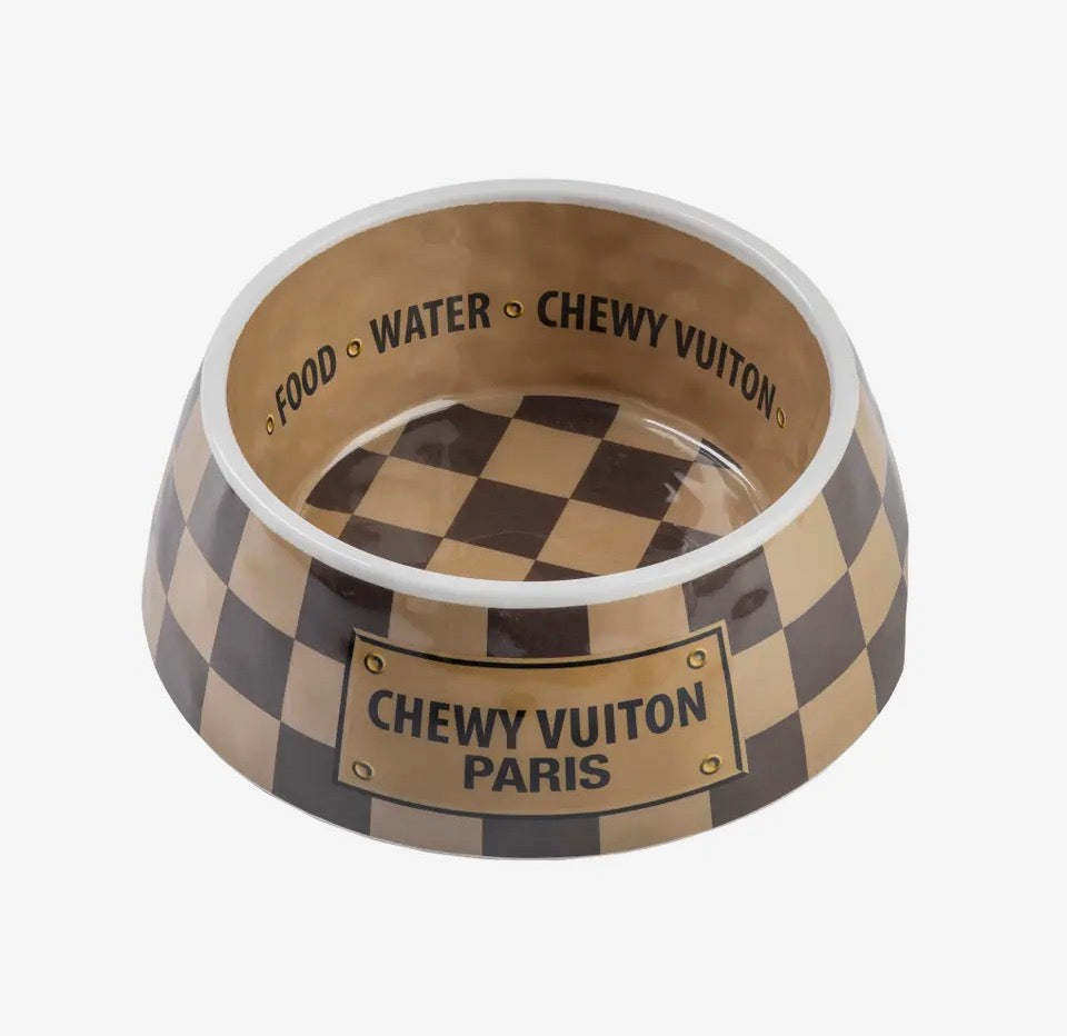 Brown Checkered Chewy Vuitton medium dog bowl