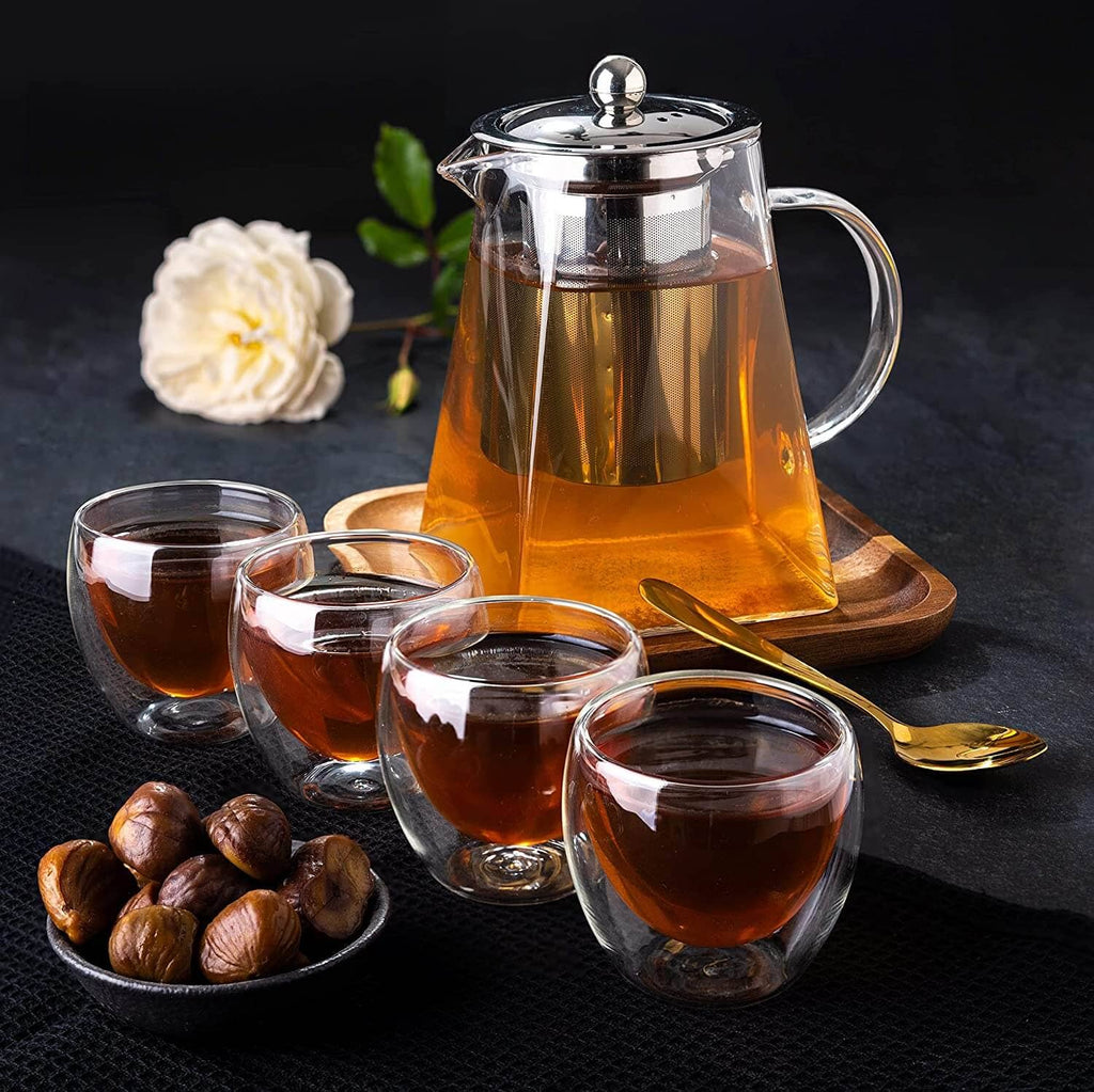 Mixpresso Glass Tea Pot Set, Stovetop Kettle with Removable Infuser For Loose Leaf Tea, Clear Glass Teapot 33oz With 4 Double Wall Cups 2.7oz , Perfect As Tea Gift Sets
