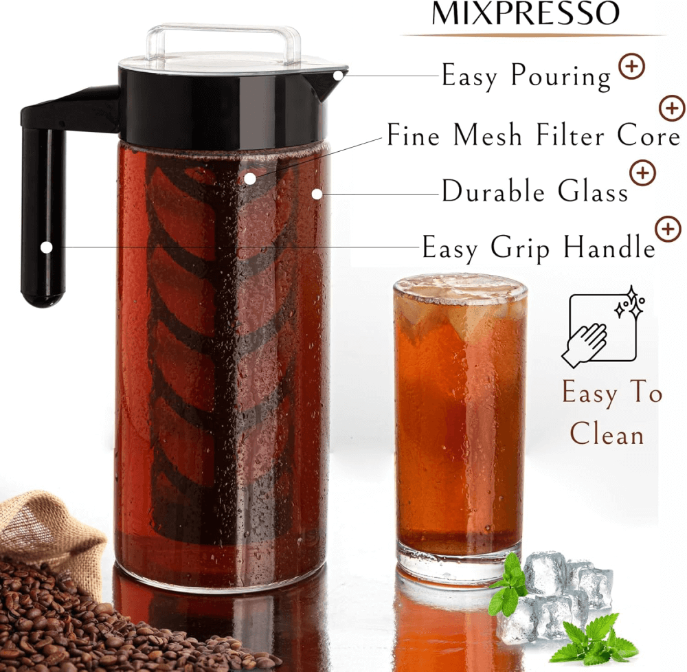 Mixpresso Cold Brew Maker For Iced Coffee and Iced Tea, 44 oz Cold Coffee Maker Glass Pitcher, Tea Infuser For Loose Leaf Tea