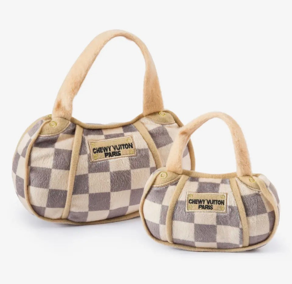 Tan Checker Chewy Vuiton Handbag Squeaker Dog Toy