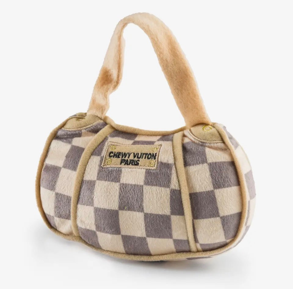 Tan Checker Chewy Vuiton Handbag Squeaker Dog Toy