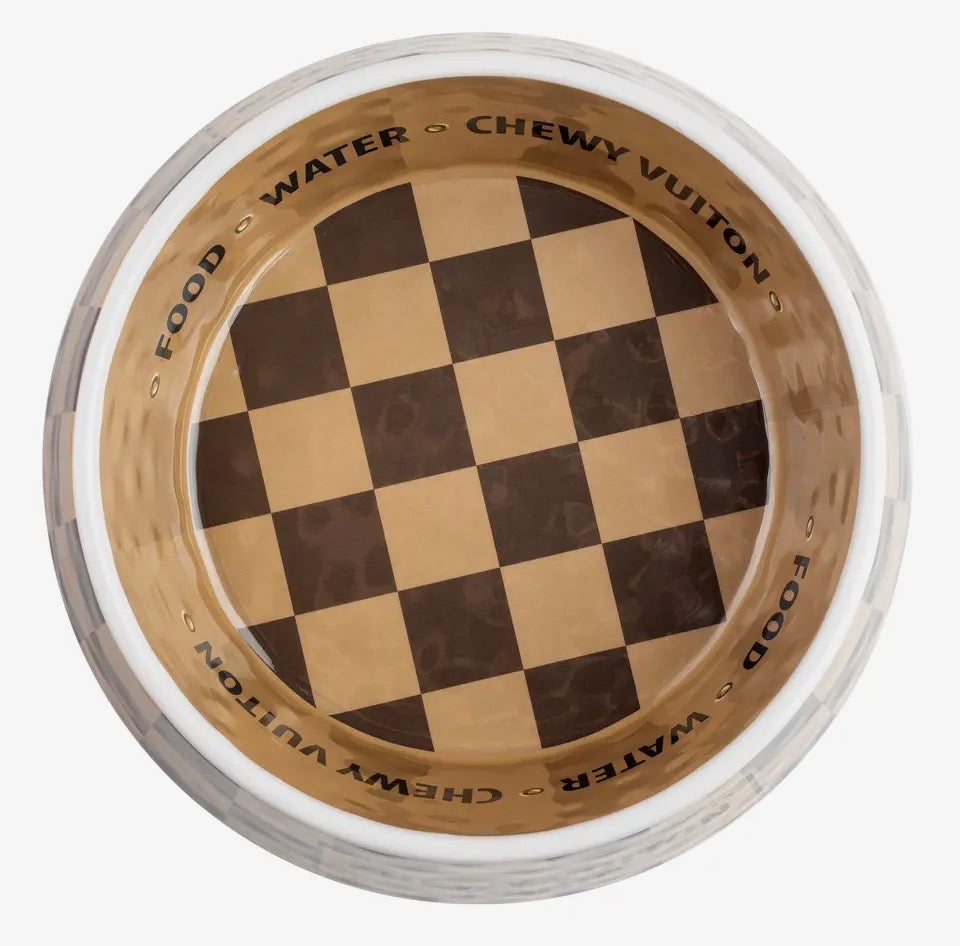 Brown Checkered Chewy Vuitton medium dog bowl