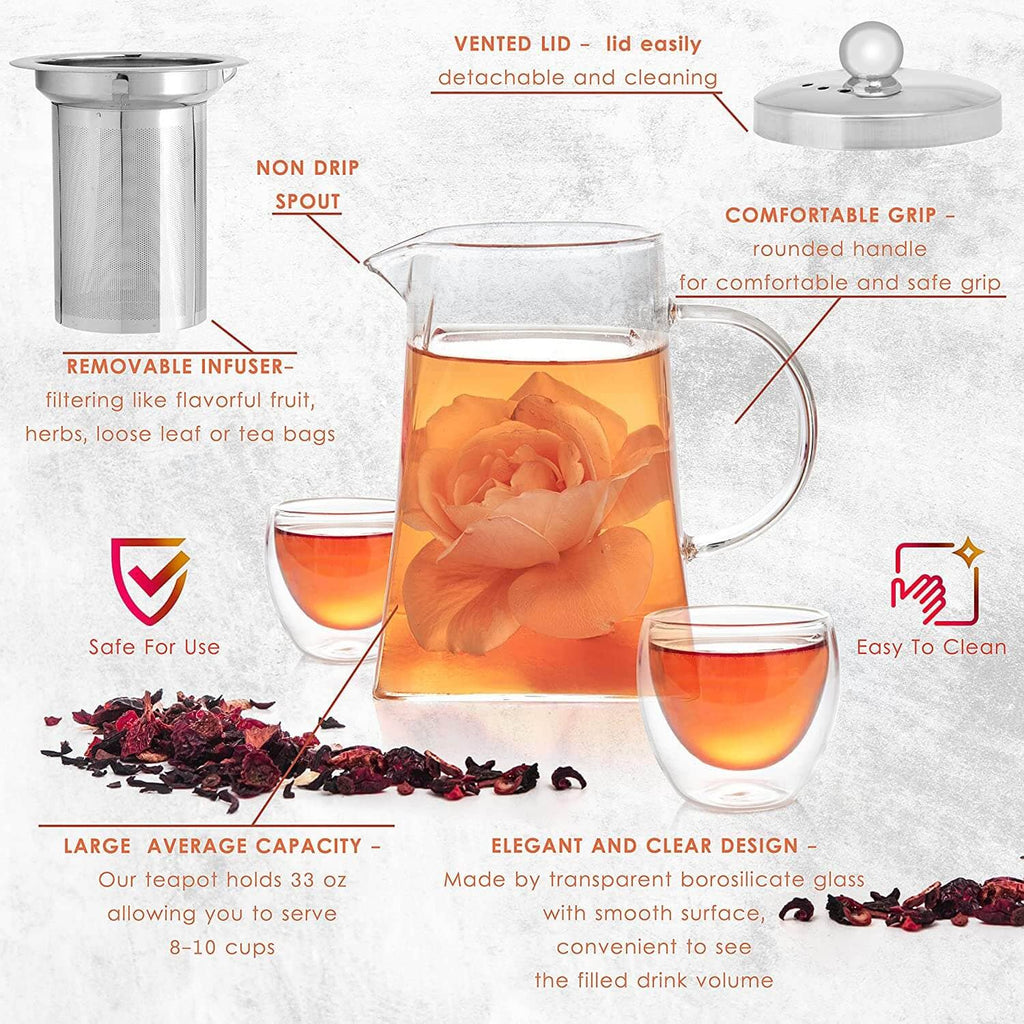 Mixpresso Glass Tea Pot Set, Stovetop Kettle with Removable Infuser For Loose Leaf Tea, Clear Glass Teapot 33oz With 4 Double Wall Cups 2.7oz , Perfect As Tea Gift Sets