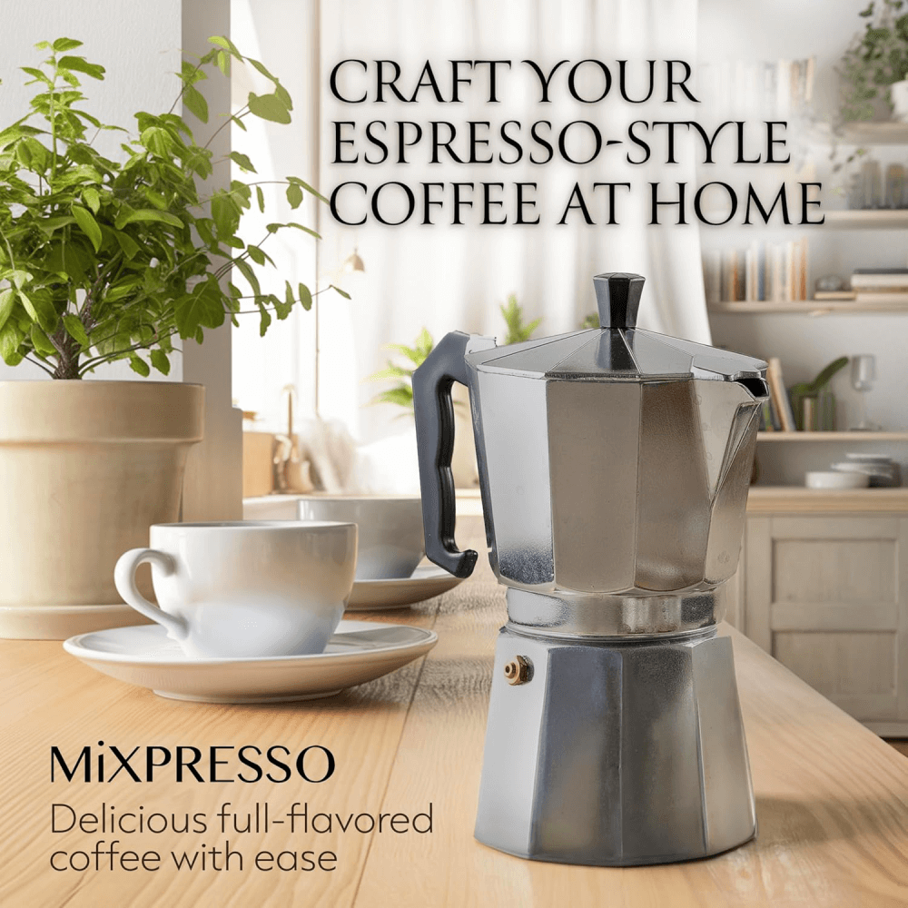 Mixpresso 6 Cup Moka Pot Cuban Coffee Maker, Moka Pot for Gas, Electric Stove Top, Classic Italian Coffee Maker, Stovetop Espresso Maker, Camping Pot Makes 6 Espresso Cup 10 Oz