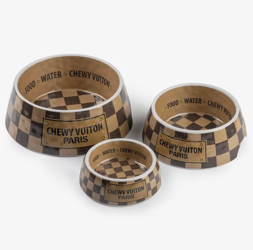 Brown Checkered Chewy Vuitton medium dog bowl