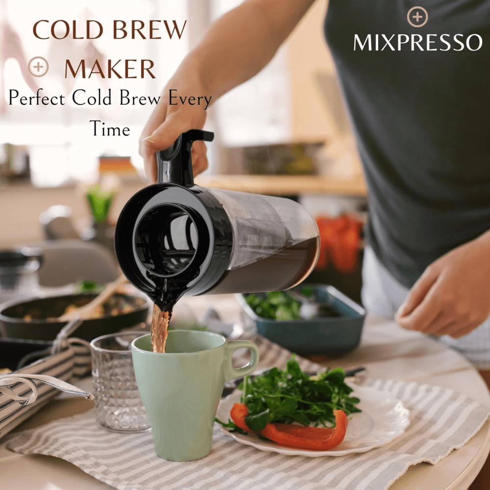 Mixpresso Cold Brew Maker For Iced Coffee and Iced Tea, 44 oz Cold Coffee Maker Glass Pitcher, Tea Infuser For Loose Leaf Tea