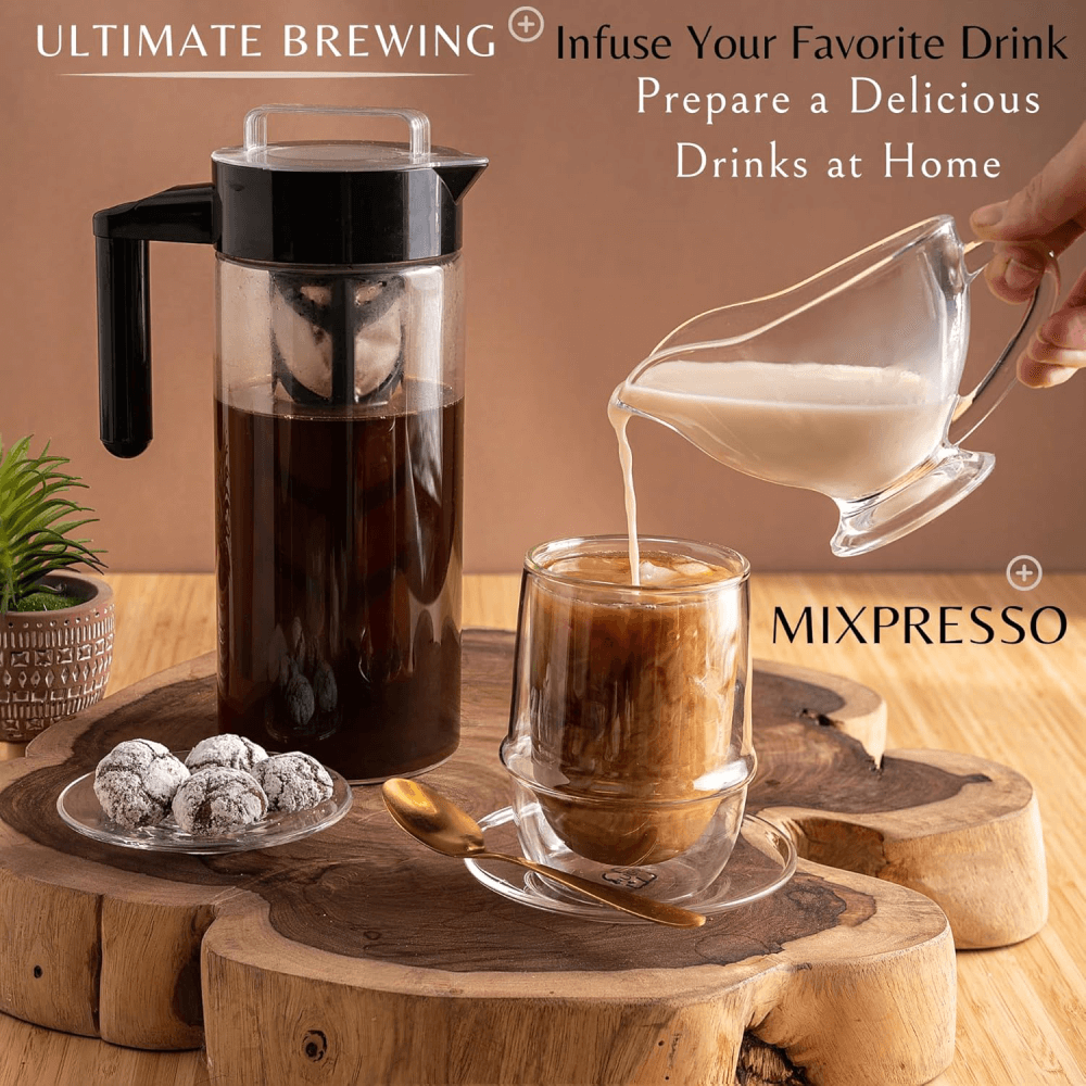Mixpresso Cold Brew Maker For Iced Coffee and Iced Tea, 44 oz Cold Coffee Maker Glass Pitcher, Tea Infuser For Loose Leaf Tea