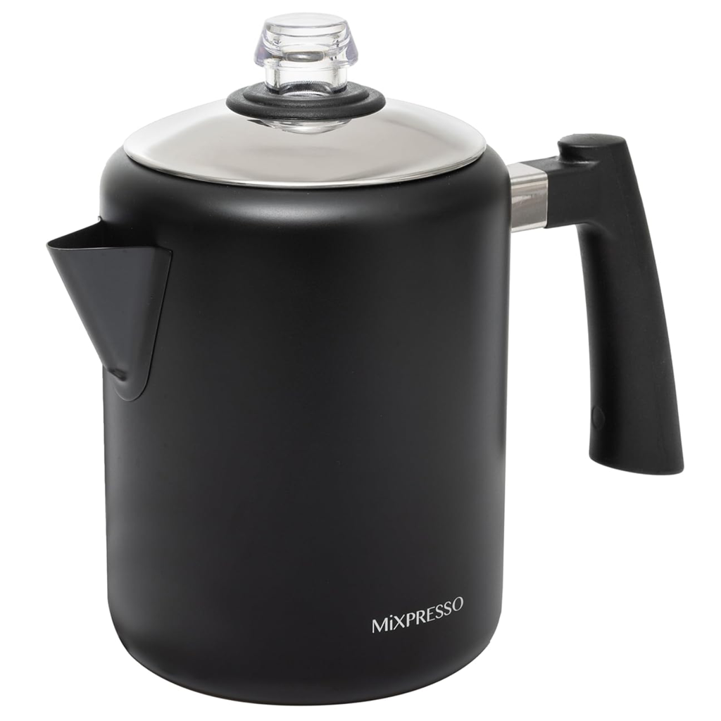 Mixpresso Black Stainless Steel Coffee Percolator Stovetop, 37oz Classic Percolator Coffee Pot, Excellent For Camping Pot, 5-8 Cup Stove Top Coffee Maker, Cool-Touch Handle