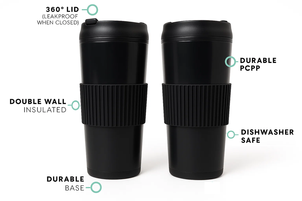 Mesa Hot Double Wall Travel Tumbler Plastic, Black, Set of 2