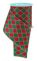 4"X10YD GLITTER HARLEQUIN- GOLD/RED/EMERALD- RGH14234W