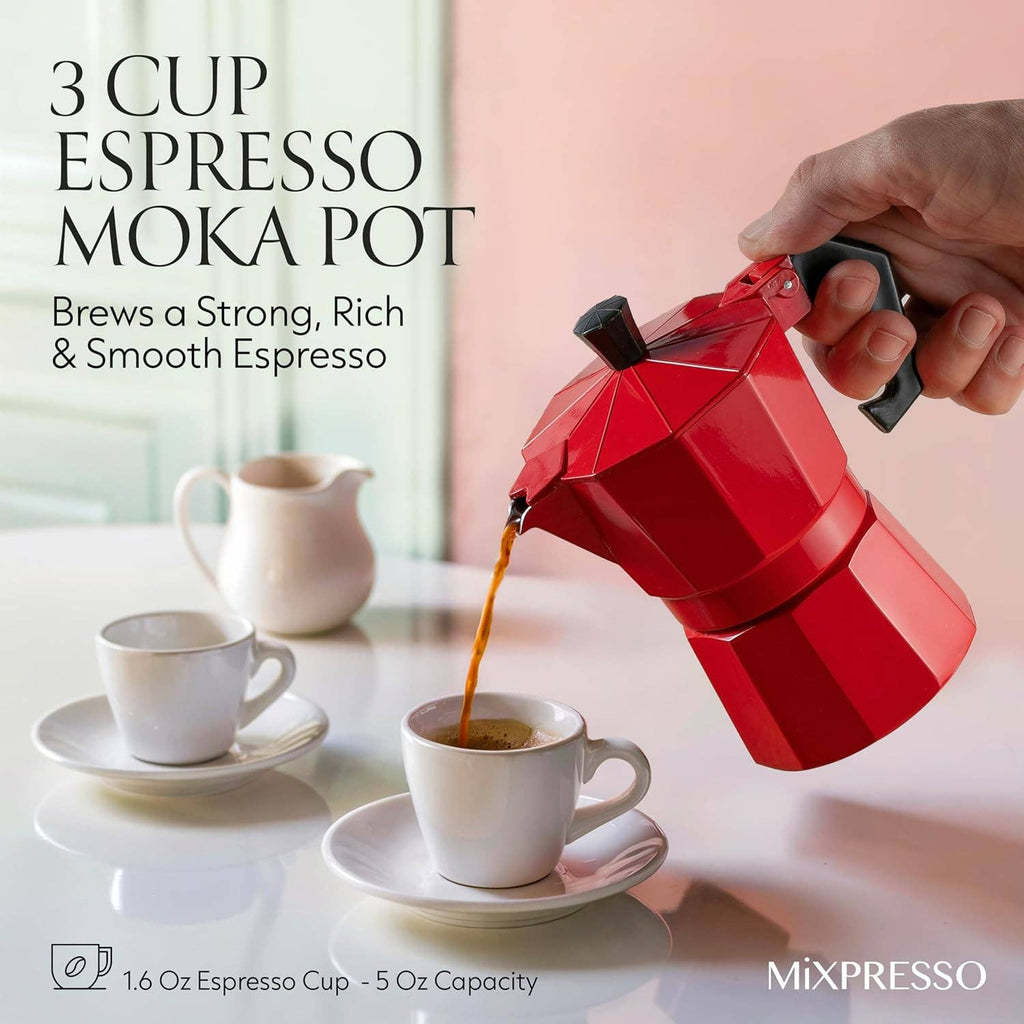 Mixpresso Aluminum Moka Stove Coffee Maker With Mug, Moka Pot Espresso Maker for Gas & Electric Stove, Classic Italian Style, 3 Cup 5 oz