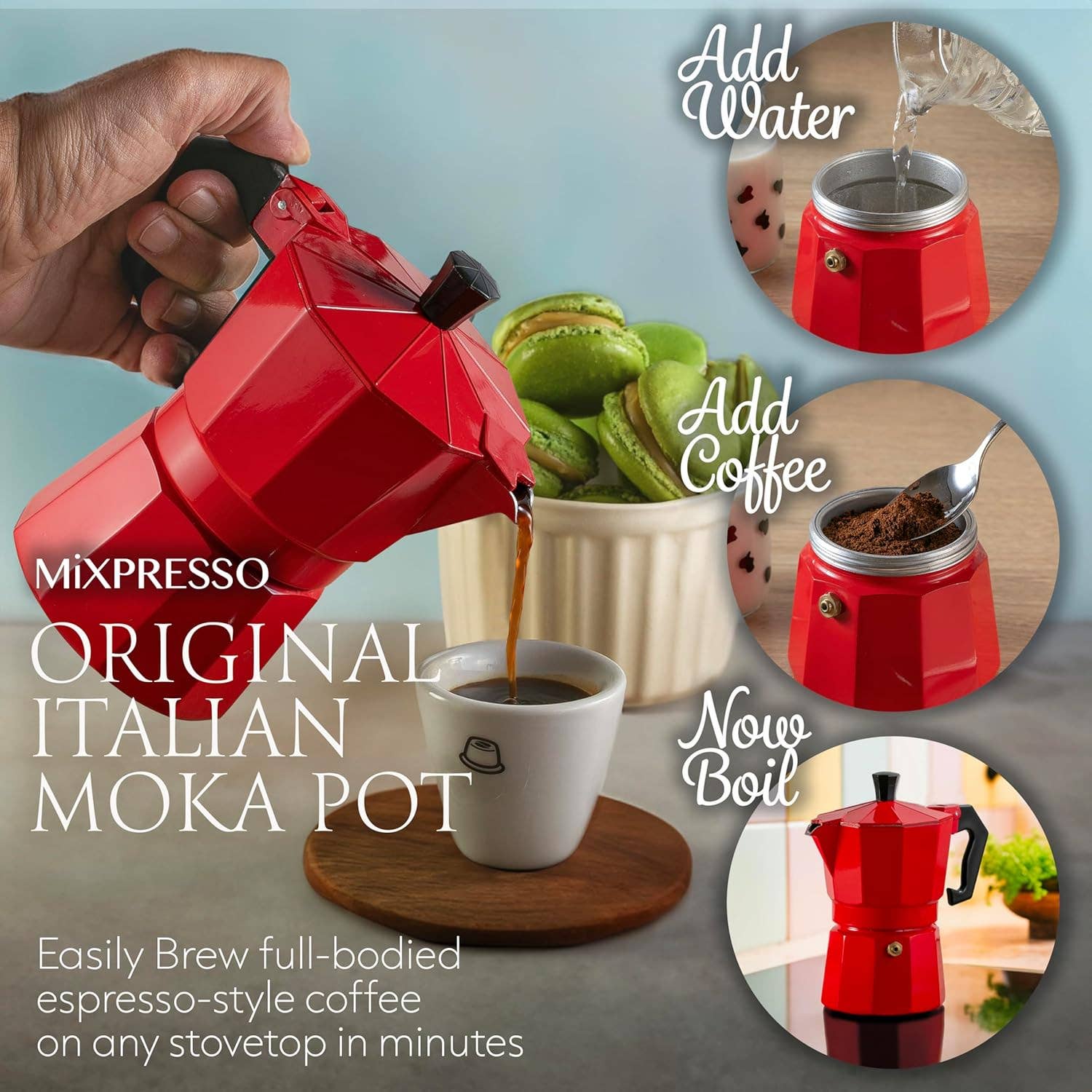 Mixpresso Aluminum Moka Stove Coffee Maker With Mug, Moka Pot Espresso Maker for Gas & Electric Stove, Classic Italian Style, 3 Cup 5 oz