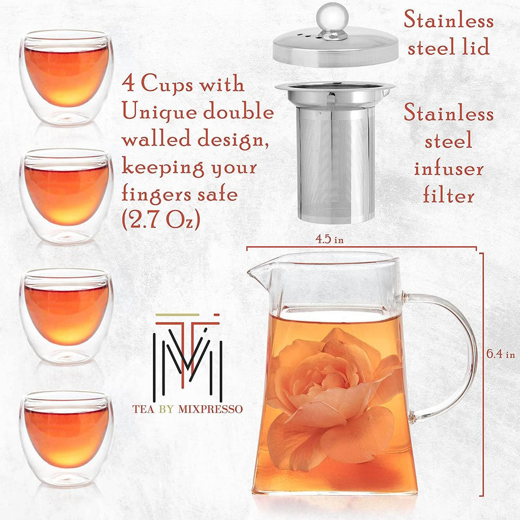 Mixpresso Glass Tea Pot Set, Stovetop Kettle with Removable Infuser For Loose Leaf Tea, Clear Glass Teapot 33oz With 4 Double Wall Cups 2.7oz , Perfect As Tea Gift Sets
