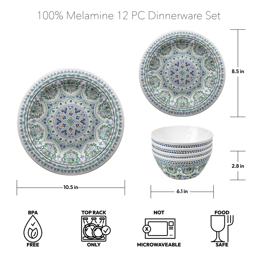 Blue Medallion 12 Pc Melamine Dinnerware Set