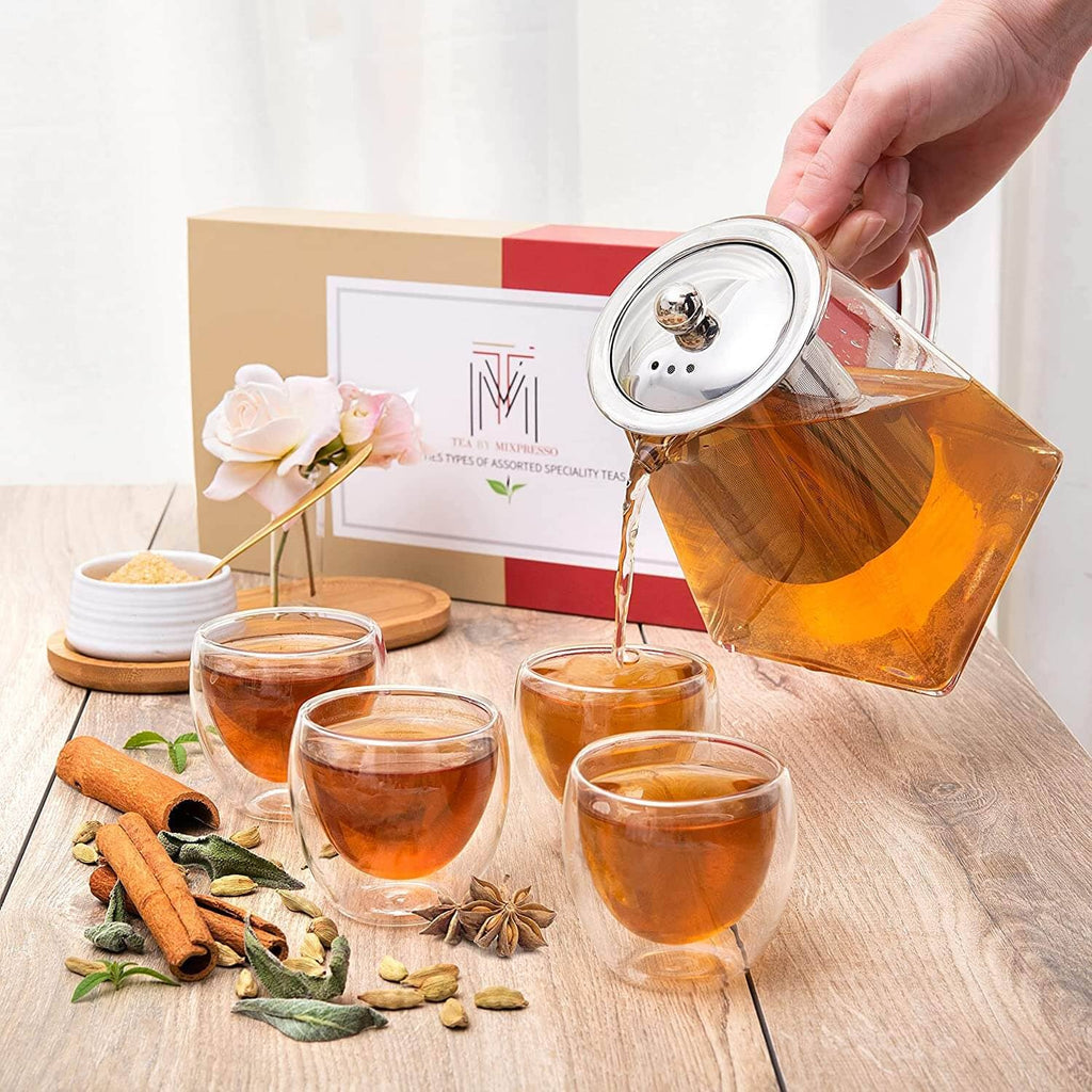 Mixpresso Glass Tea Pot Set, Stovetop Kettle with Removable Infuser For Loose Leaf Tea, Clear Glass Teapot 33oz With 4 Double Wall Cups 2.7oz , Perfect As Tea Gift Sets