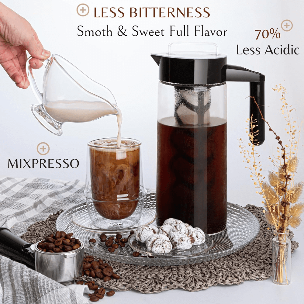 Mixpresso Cold Brew Maker For Iced Coffee and Iced Tea, 44 oz Cold Coffee Maker Glass Pitcher, Tea Infuser For Loose Leaf Tea