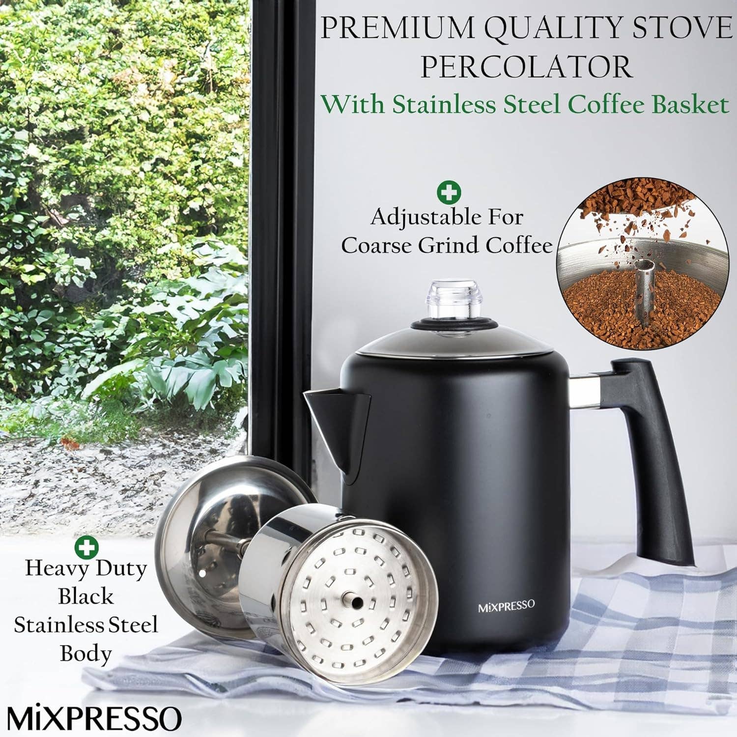 Mixpresso Black Stainless Steel Coffee Percolator Stovetop, 37oz Classic Percolator Coffee Pot, Excellent For Camping Pot, 5-8 Cup Stove Top Coffee Maker, Cool-Touch Handle