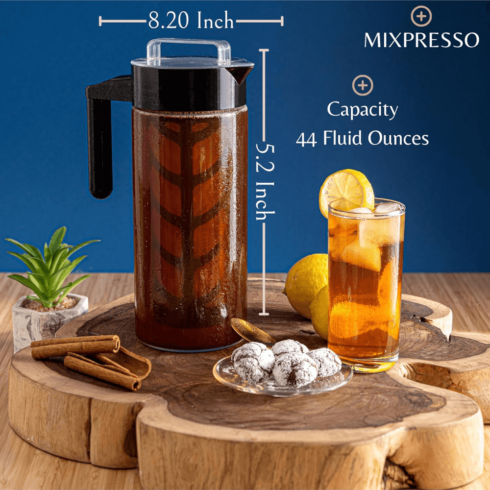 Mixpresso Cold Brew Maker For Iced Coffee and Iced Tea, 44 oz Cold Coffee Maker Glass Pitcher, Tea Infuser For Loose Leaf Tea